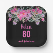 Assiettes En Carton 80e anniversaire rose noir aquarelle florale (Recto)