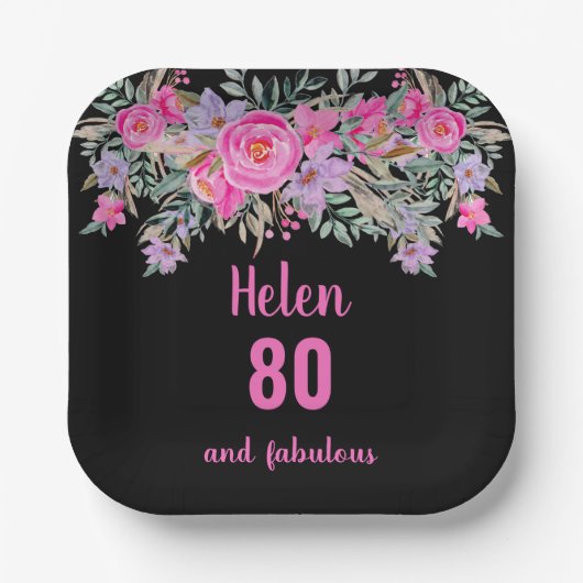 Assiettes En Carton 80e anniversaire rose noir aquarelle florale (Recto)