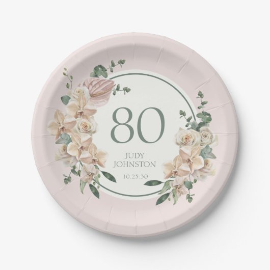 Assiettes En Carton 80e anniversaire Tropical Floral (Devant)