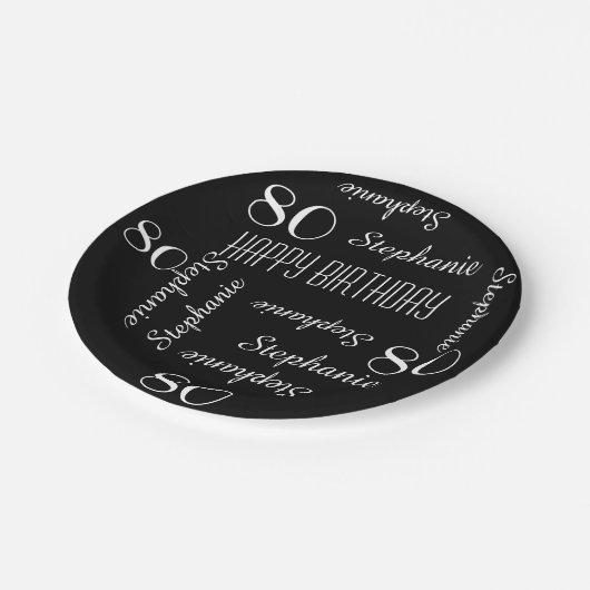Assiettes En Carton 80e fête d'anniversaire répétée Noms noir blanc (Angle)