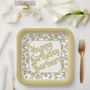 Assiettes En Carton 80e Motif de numéro aléatoire or/blanc