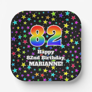 Assiettes En Carton 82e anniversaire : Fun Stars Motif et Rainbow "82"