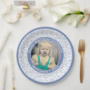 Assiettes En Carton 85 Votre photo Numéro Aléatoire Motif Bleu/Blanc