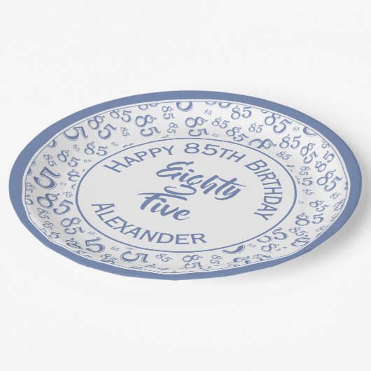 Assiettes En Carton 85e anniversaire Random Number Motif Bleu/Blanc (Angle)