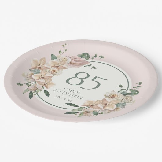 Assiettes En Carton 85e anniversaire Tropical Floral (Angle)