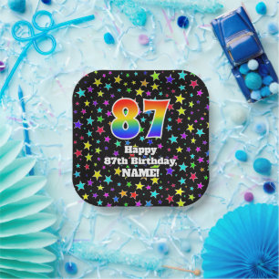 Assiettes En Carton 87e anniversaire : Fun Stars Motif et Rainbow "87"