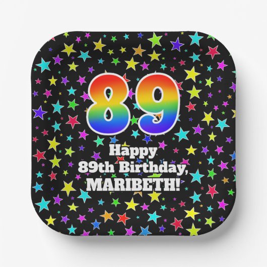 Assiettes En Carton 89e anniversaire : Fun Stars Motif et Rainbow "89" (Recto)