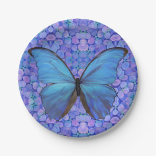 Assiettes En Carton 8 Plaques de papier Papillon bleu/Hydrangée