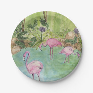 Assiettes En Carton 8 Plaques papier - Flamants roses aquarelles