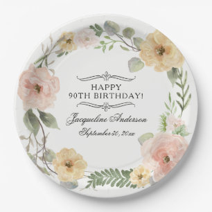 Assiettes En Carton 90e Anniversaire Aquarelle Florale Jaune Roses Ros
