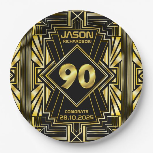 Assiettes En Carton 90e anniversaire Art Déco Gold Black Great Gatsby (Devant)