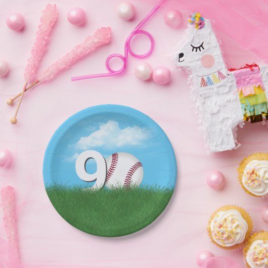 Assiettes En Carton 90e Anniversaire Baseball En Herbe Verte (Fête)