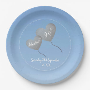 Assiettes En Carton 90e anniversaire bleu ciel & argent ballon