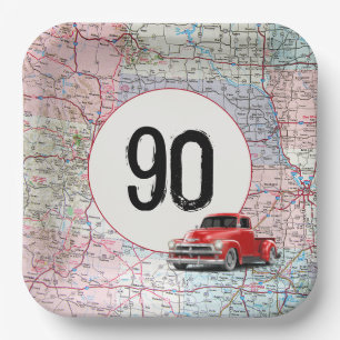 Assiettes En Carton 90e anniversaire Camion rouge Retro sur la carte r