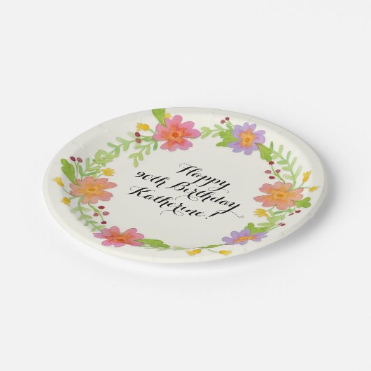 Assiettes En Carton 90e anniversaire de fête aquarelle moderne Floral (Angle)