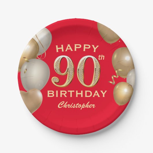 Assiettes En Carton 90e Anniversaire des Ballons rouges et or (Devant)