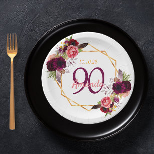 Assiettes En Carton 90e anniversaire fête blanche or geo floral bordea