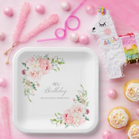 Assiettes En Carton 90e anniversaire fête rose florale Custom (Fête)