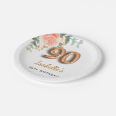 Assiettes En Carton 90e anniversaire fleuri rose or eucalyptus nom (Angle)
