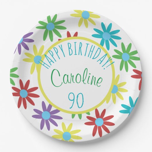 Assiettes En Carton 90e anniversaire Floral Plaque de papier personnal (Devant)