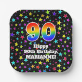 Assiettes En Carton 90e anniversaire : Fun Stars Motif et Rainbow "90" (Recto)