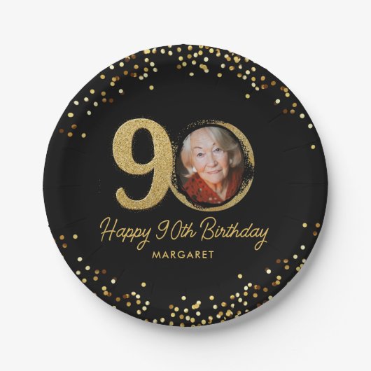 Assiettes En Carton 90e anniversaire Photo Elegant Black Gold Parties (Devant)