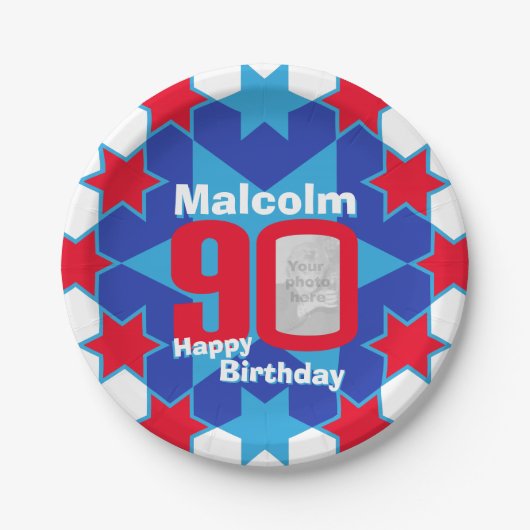 Assiettes En Carton 90e anniversaire photo nom étoile bleue plaque pap (Devant)