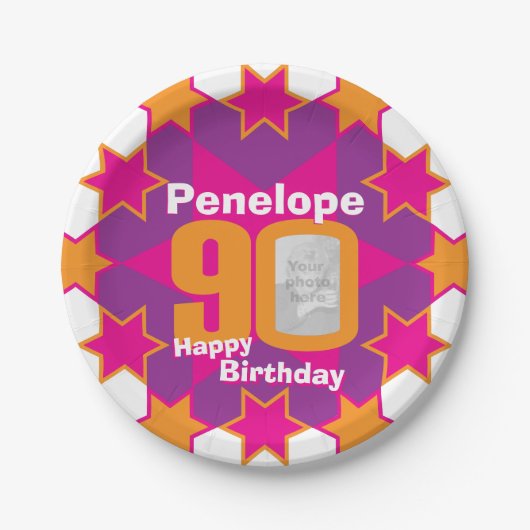 Assiettes En Carton 90e anniversaire photo nom rose étoile plaque papi (Devant)