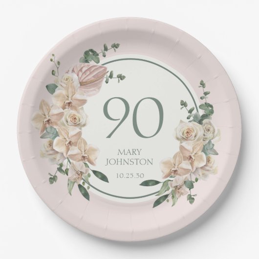 Assiettes En Carton 90e anniversaire Tropical Floral (Devant)