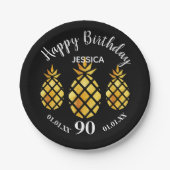 Assiettes En Carton 90e fête d'anniversaire noir ananas nom (Devant)