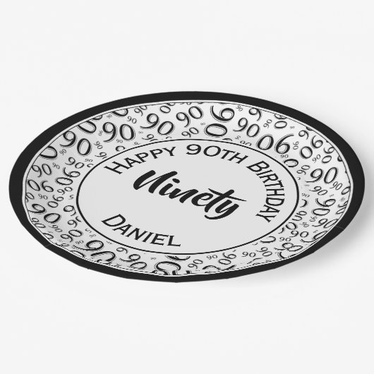Assiettes En Carton 90e Motif de numéro aléatoire noir/blanc (Angle)