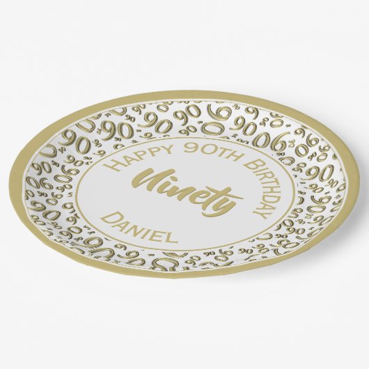 Assiettes En Carton 90e Motif de numéro aléatoire or/blanc (Angle)