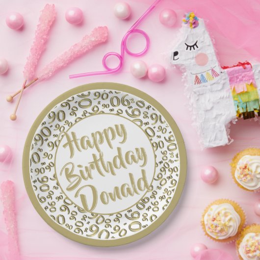 Assiettes En Carton 90e Motif de numéro aléatoire or/blanc (Fête)