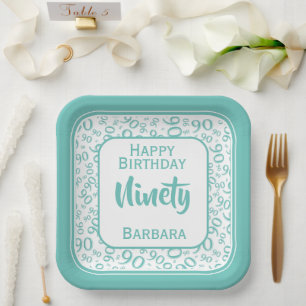 Assiettes En Carton 90e Motif de numéro aléatoire Turquoise/blanc