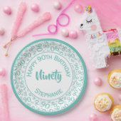 Assiettes En Carton 90e Motif de numéro aléatoire Turquoise/blanc (Fête)