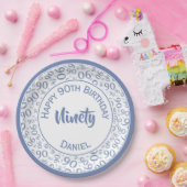 Assiettes En Carton 90e Motif du numéro aléatoire bleu/blanc (Fête)