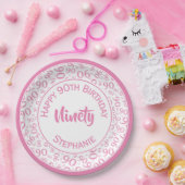 Assiettes En Carton 90e Motif du numéro aléatoire rose/blanc (Fête)