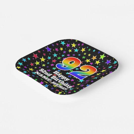 Assiettes En Carton 92e anniversaire : Fun Stars Motif et Rainbow "92" (Angulaire)