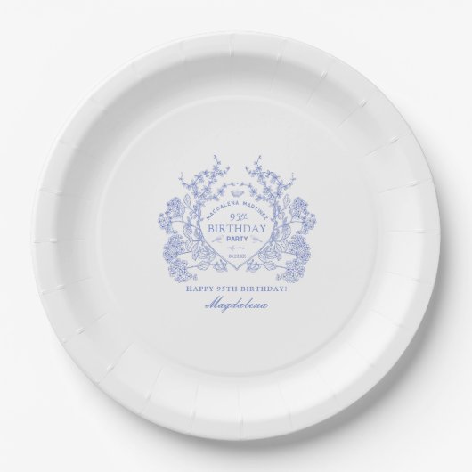 Assiettes En Carton 95e anniversaire Français Blue Floral Crest Custom