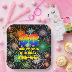 Assiettes En Carton 98e Anniversaire : Feux d'artifice colorés et amus