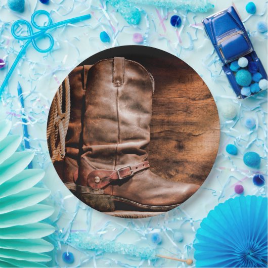 Assiettes En Carton 9" Tôle rond Plaque Cowboy Bottes Barne Bois Rusti (Fête)