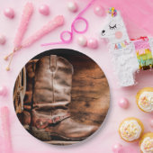 Assiettes En Carton 9" Tôle rond Plaque Cowboy Bottes Barne Bois Rusti (Fête)