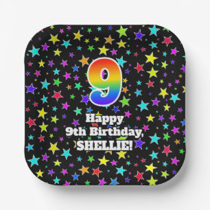 Assiettes En Carton 9e anniversaire : Fun Stars Motif et Rainbow "9"