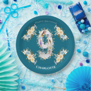 Assiettes En Carton 9e anniversaire Photo Collage bleu Fleur jaune Tur
