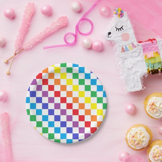 Assiettes En Carton à damiers arc-en-ciel (Fête)