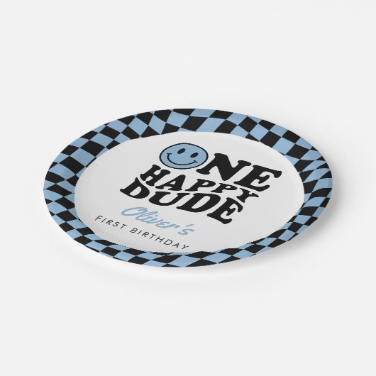 Assiettes En Carton à damiers Blue Smile One Happy Dude 1er anniversai (Angle)