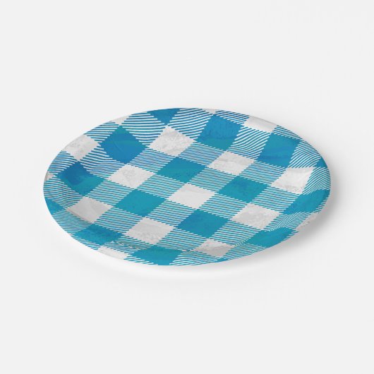 Assiettes En Carton à damiers Buffalo Plaid bleu et blanc (Angle)