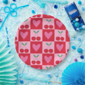Assiettes En Carton à damiers Cerises avec Motif de Coeurs Roses (Fête)