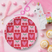 Assiettes En Carton à damiers Cerises avec Motif de Coeurs Roses (Fête)