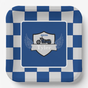 Assiettes En Carton À damiers et moto bleu et gris